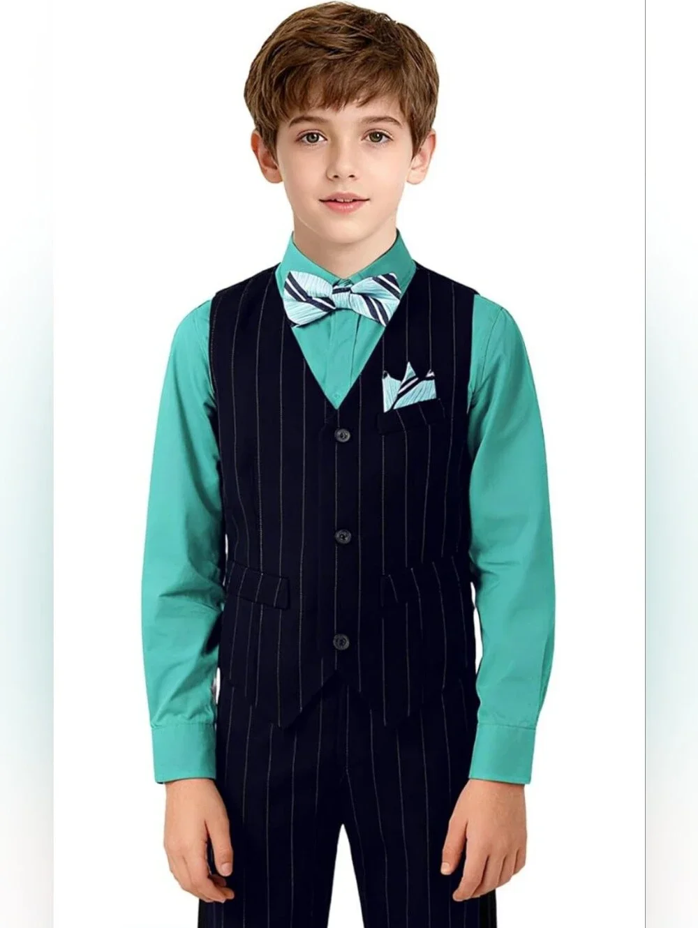 Boy's Suit 6-Piece Blue Pinstripe Formal Vest Set, Size 14